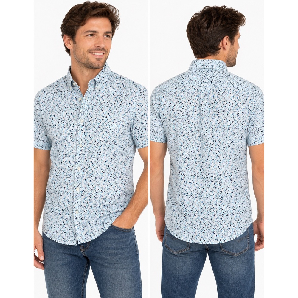 Denim & Flower Men Small Blue Starburst Micro Print Short Sleeve Button Down NWT
